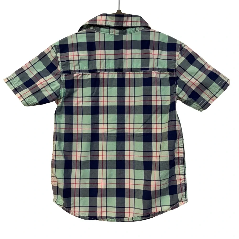 Carters Toddler Boys Green Navy Plaid Dinosaur Button Down Shirt 2T Short Sleeve
